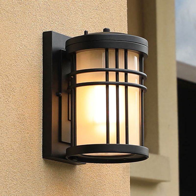 Minimalist Cylindrical Wall Sconce Opal Frosted Glass 1-Bulb Courtyard Wall Lamp in Black