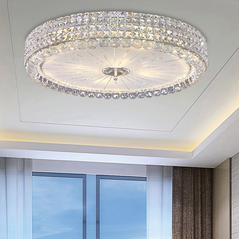 16"/19.5" W Drum Flush Mount Lampe Zeitgenössische Clear Crystal Multi-Head Flush Mount Deckenleuchte in Chrom