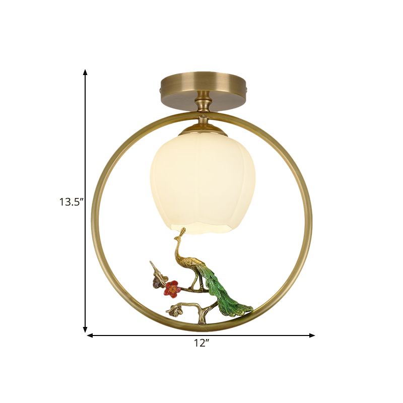 Opal Glass Brass Ceiling Lamp Inverted Bud 1 Bulb Rural Style Ring Flush Mount Light with Peacock Decor