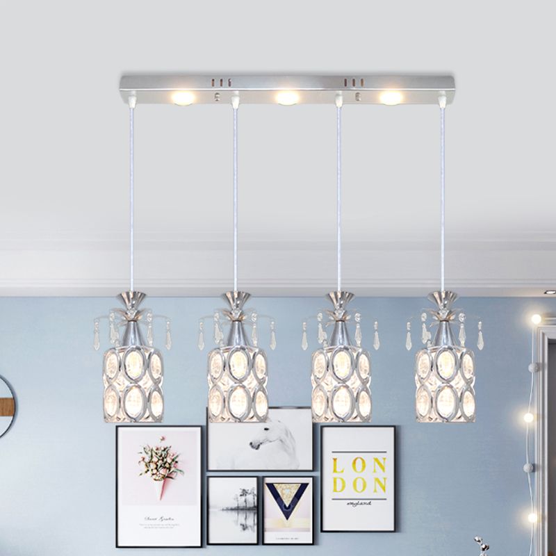 Silber Finish Zylindrisch Cluster Licht Anhänger Modernismus 4 Lampenkristallblocksuspensionslampe