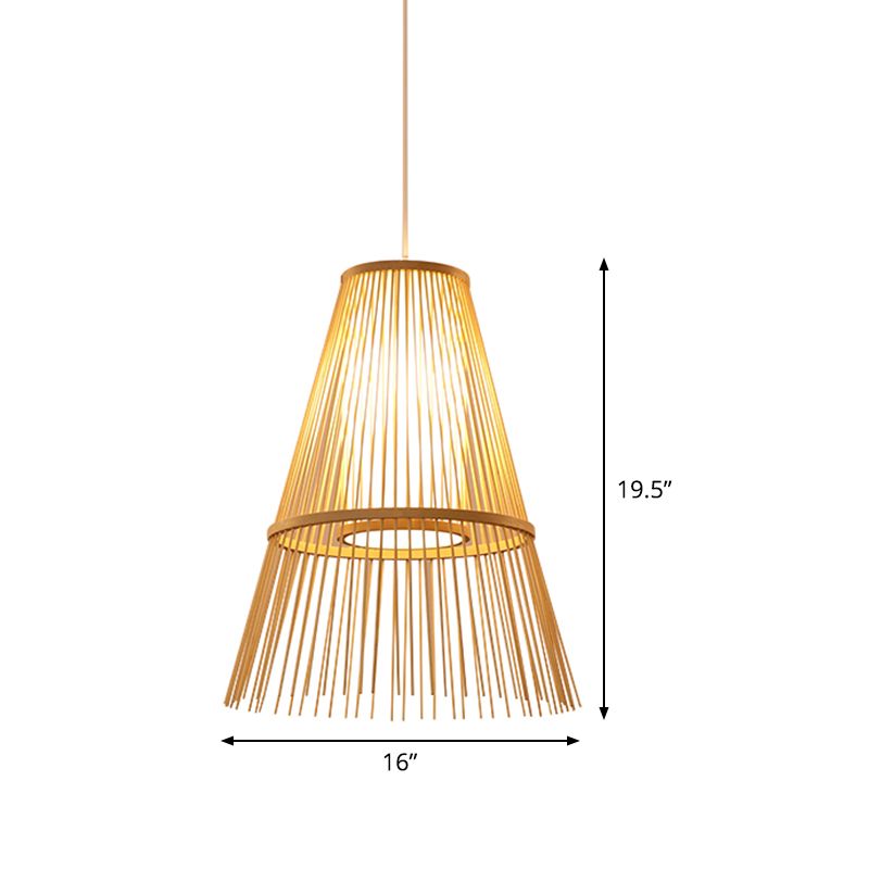 Asian 1 Bulb Hanging Lamp Beige Tapered Pendant Lighting Fixture with Bamboo Shade