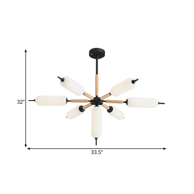 Houten barstende kroonluchter licht Noordse 7-lights black plafond suspensielampje met cilindermatte glazen lampenkap