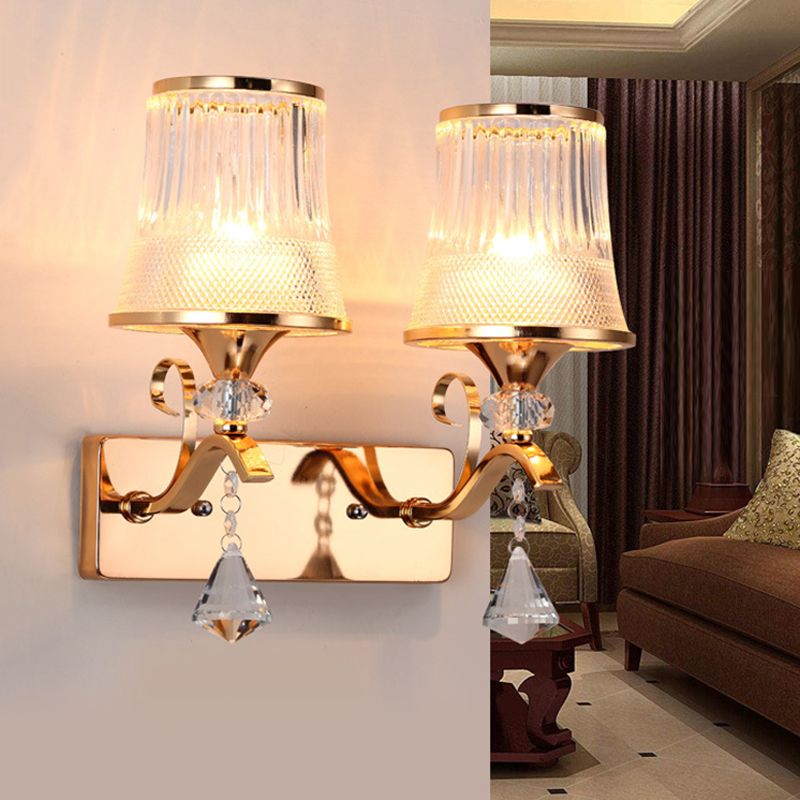 Vintage Style Bell Sconce Light Fixture Clear Glass 2 Lights Bedroom Gold Finish Wall Lamp with Crystal Accent