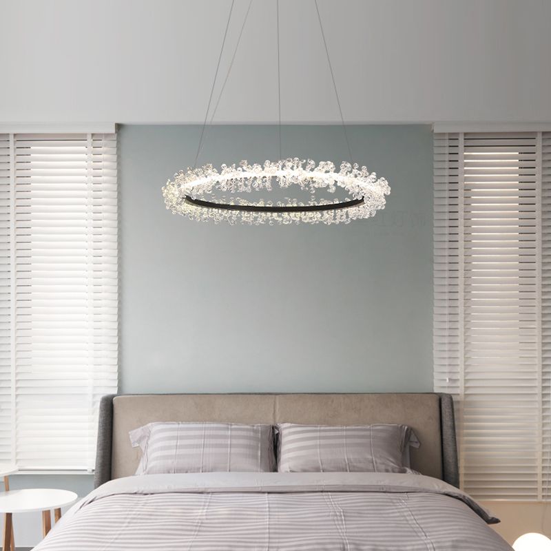 1/2/3-licht Black Ring Pendant Kroonluchter Modern Crystal Accent LED Hanglamp Lichtlijn in wit/warm licht voor woonkamer