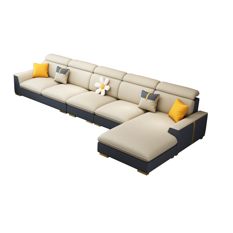 Nordic Grey and Beige Sofa Faux Leather Square Sewn Pillow Back Sofa
