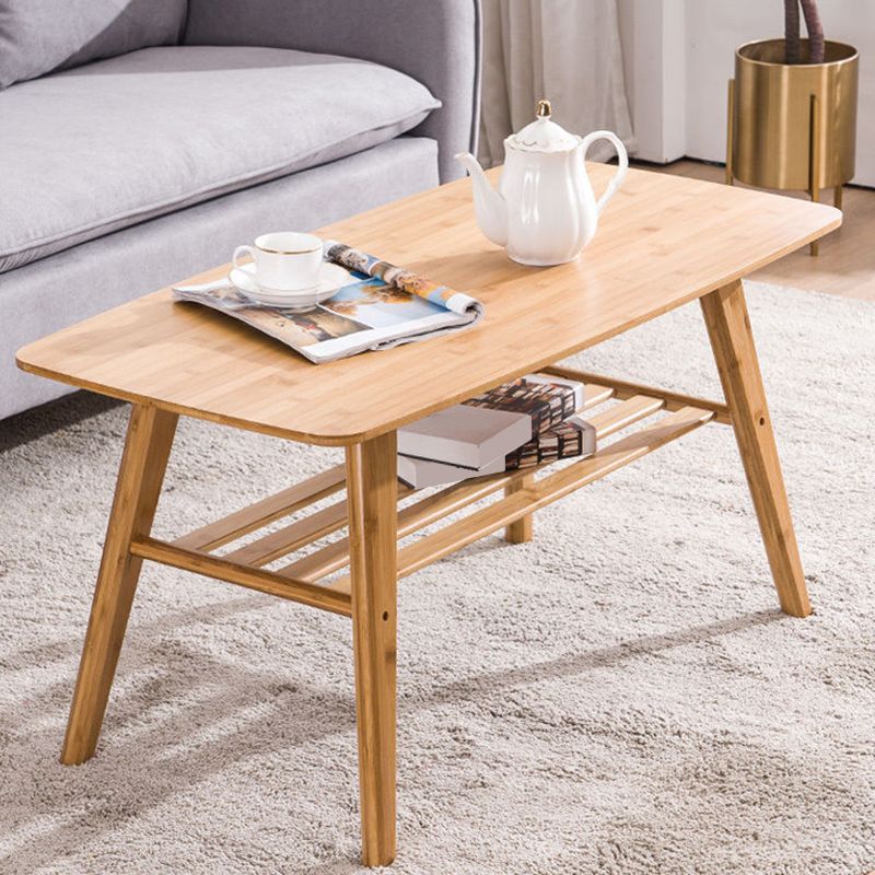 Nordic Style Rectangular Solid Wood Table with Storage Shelf 4 Legs Base Coffee Table