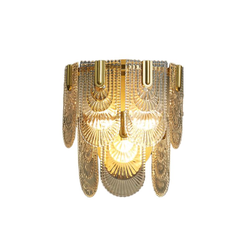 2-Layer Wall Mounted Lamp Modern Carved Glass 3-Light Gold Wall Sconce for Living Room