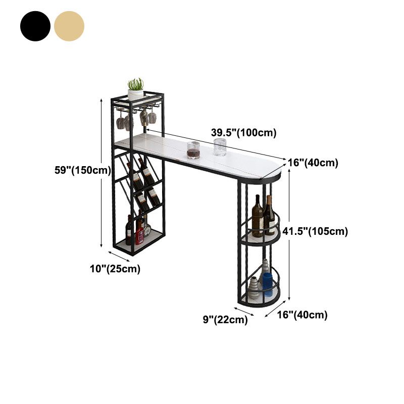 Stone Indoor Glam Bar Dining Table Metal Double Pedestal Bistro Table with Wine Rack