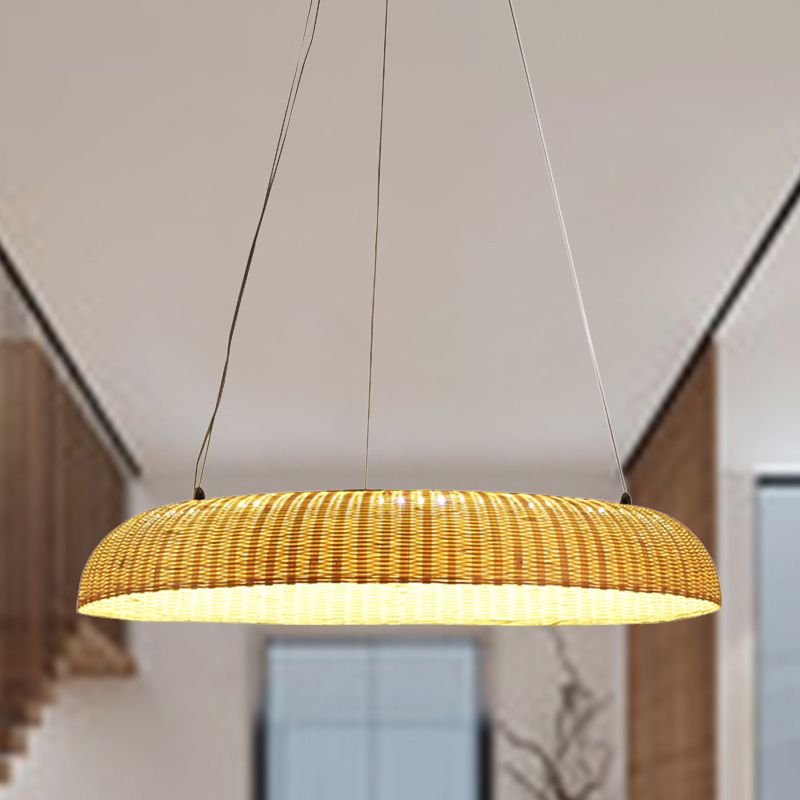 Bamboo Handwoven Pendant Lamp Chinese LED Hanging Light Fixture in Beige for Dining Room