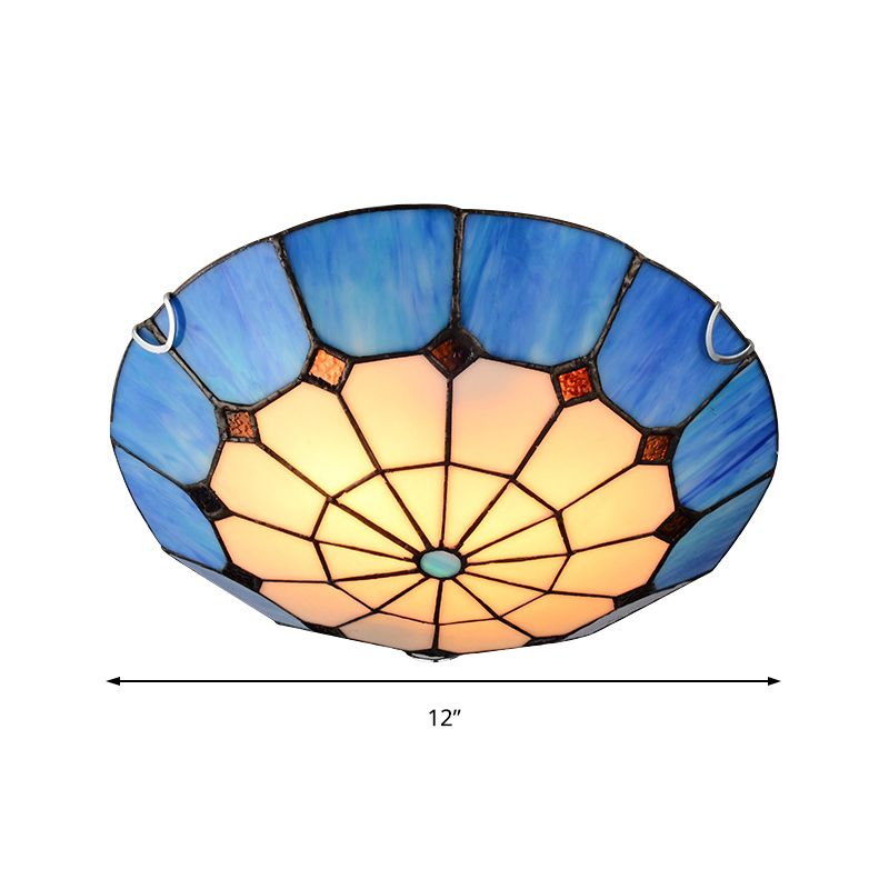 12"/16" Wide Art Glass Grid Bowl Ceiling Mount Light Tiffany Antique Ceiling Lamp in Blue/Orange/Yellow for Bedroom