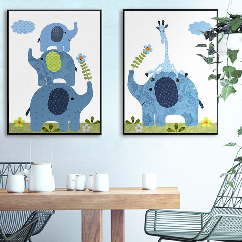 Animal and Flower Wall Decor Blue Canvas Painting Textured for Dining Room, Multiple Sizes