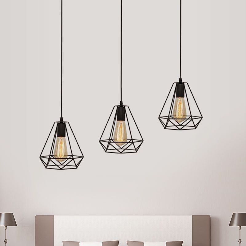 Metal Teardrop Cage Hanging Lighting Vintage Industrial 3 Lights Living Room Pendant Light in Black