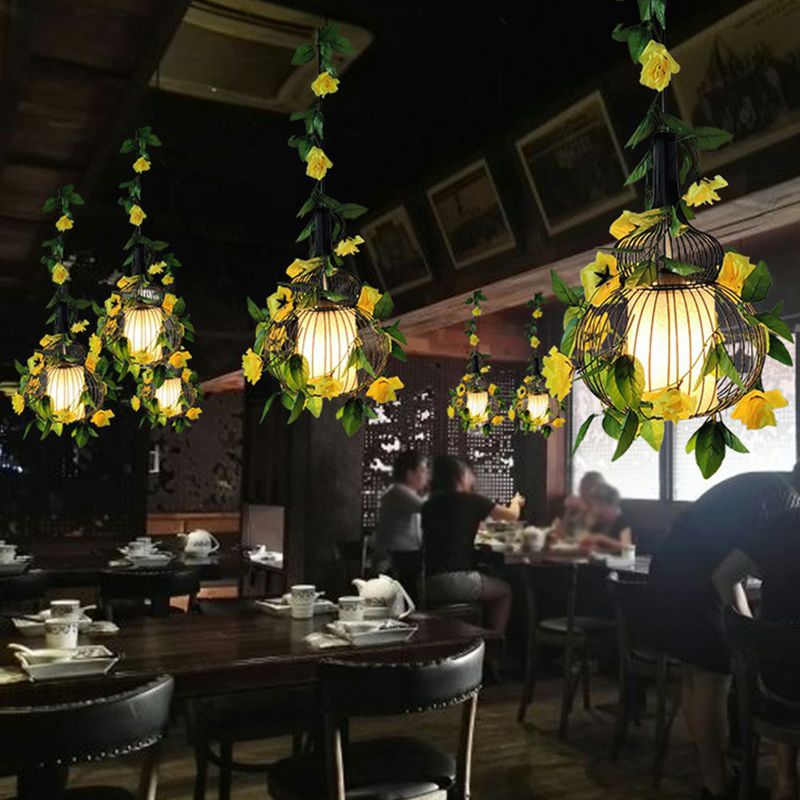 Art Deco Artificial Flower Pendant Light Fixture Single-Bulb Metal Hanging Light with Cage