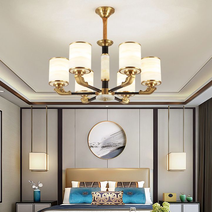 Contemporary Cylindrical Hanging Pendant Light Copper Ceiling Chandelier with Glass Shade