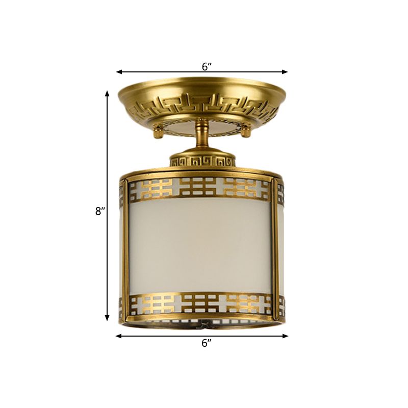 1 Light Semi Flush Mount Classic Cylinder Metal Ceiling Fixture in Brass for Corridor