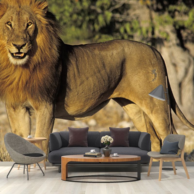 Whole Lion Wallpaper Mural Brown Non-Woven Cloth Wall Covering, Washable, Custom Print