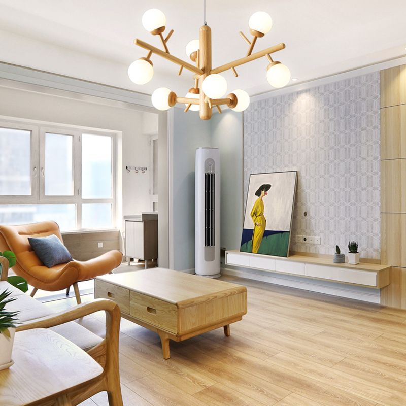 Lampadario ramo di legno moderno a ciondolo multi-testa con tonalità di vetro bianco
