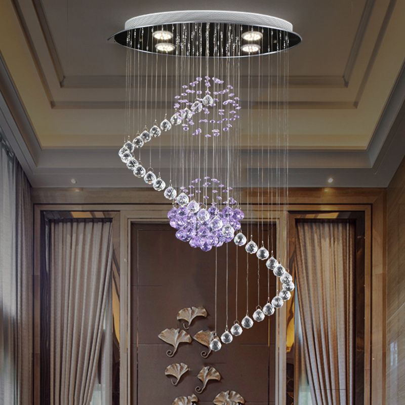 Twisted Hall Ceiling Pendant Modern Stylish Crystal Orbs Chrome Finish LED Multi Hanging Light
