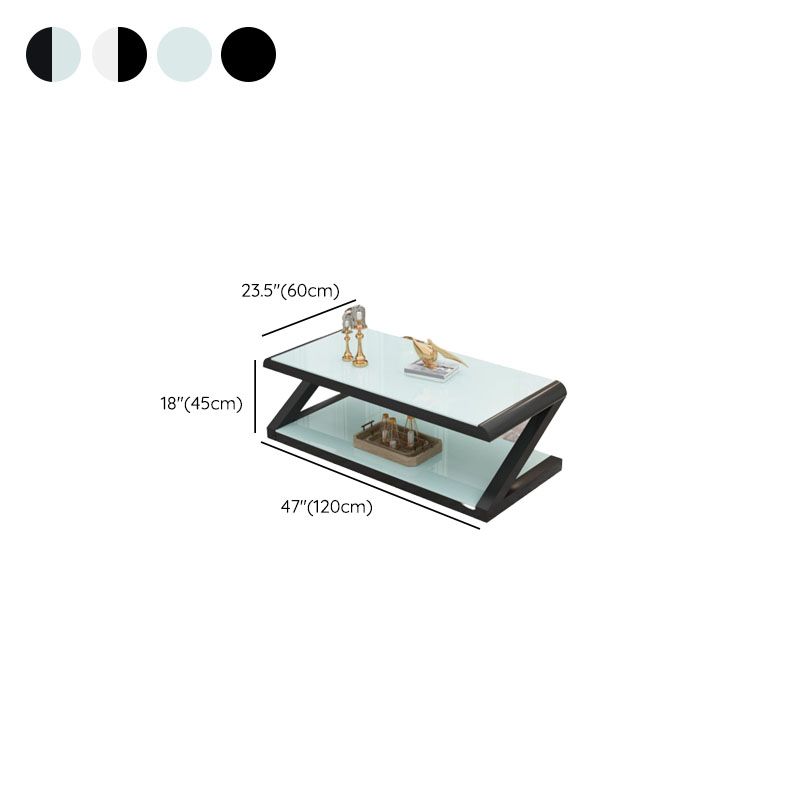 17.7"H Rectangle Glass Coffee Table Steel Abstract Base Cocktail Table with Shelf