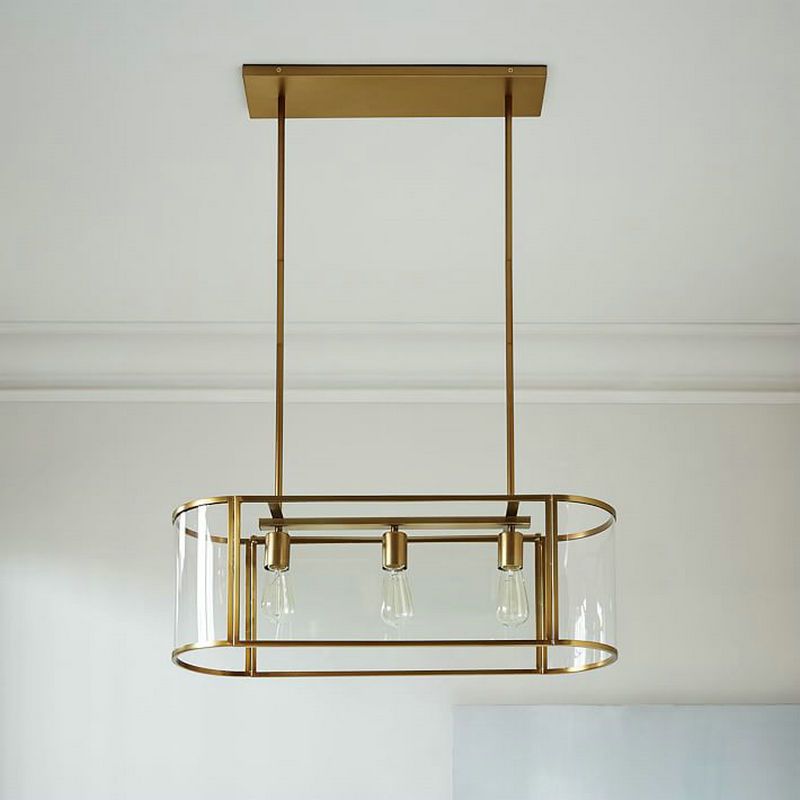 Oval Cage Pendant Ceiling Light Mid Century Translucent Glass 3 Heads Gold Suspended Lighting Fixture over Table