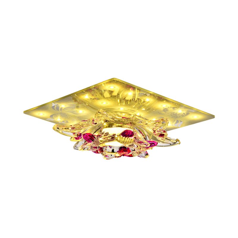 Rose Red Flower Flush-Mount Light Fixture Minimal Clear Crystal LED Porch Ceiling Lamp in Warm/White Light