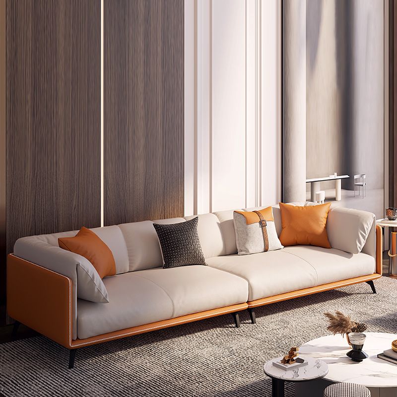Contemporary Faux Leather Sofa with Tuxedo Arm in Orange and White