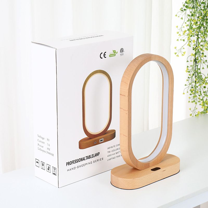 Lampada da comodino a LED contemporanea Lampada da lettura oblunga beige con paralume in legno