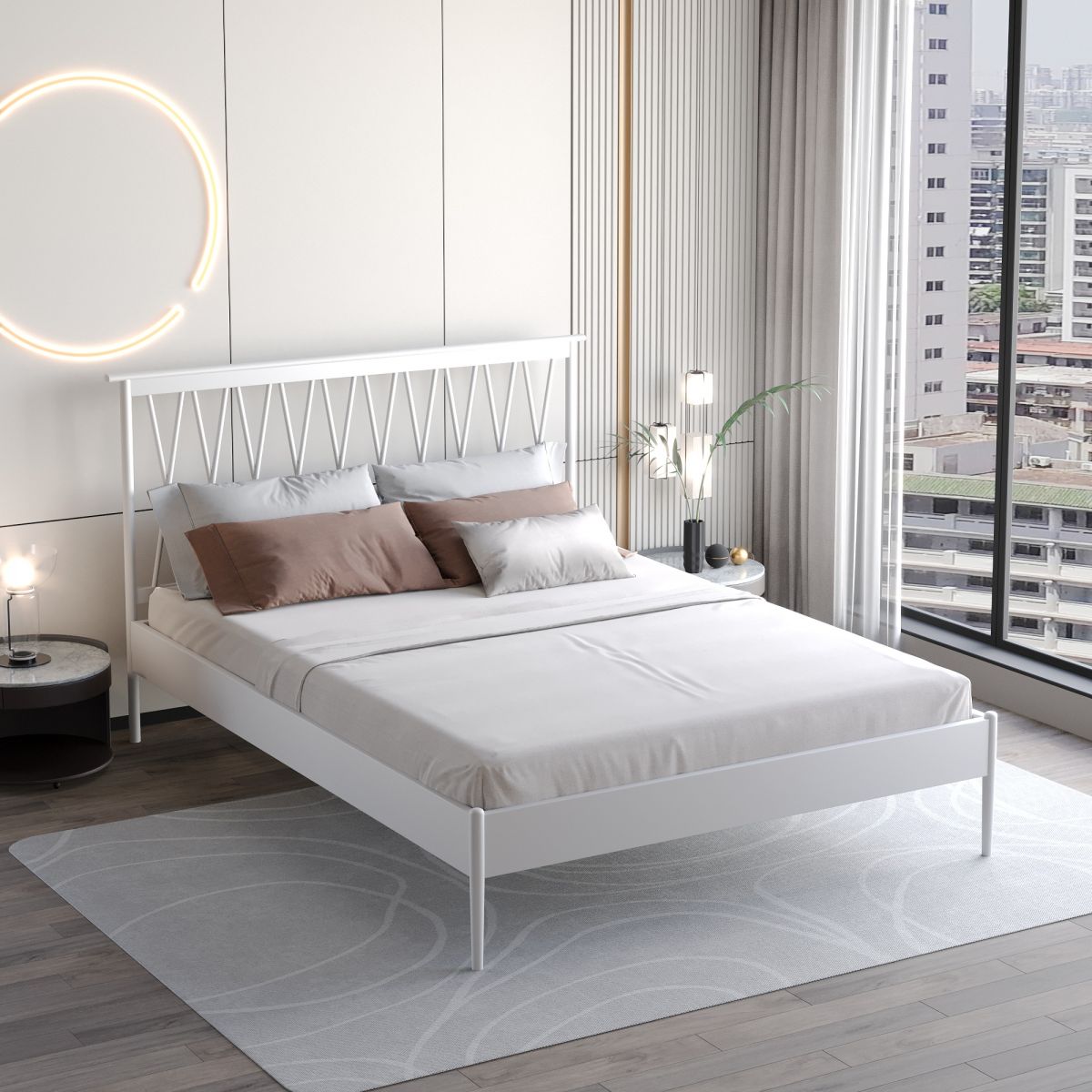 47.24" Height Metal Frame Standard Bed with Rectangle Open-Frame Headboard