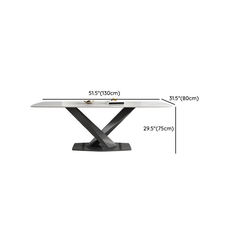 White Stone Top Dining Table Rectangular Tabletop with Metal Pedestal Base