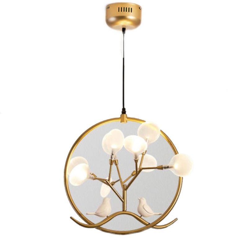 Acrylic Branch Pendant Lamp Nordic 9-Light Chandelier with Bird and Ring Decoration