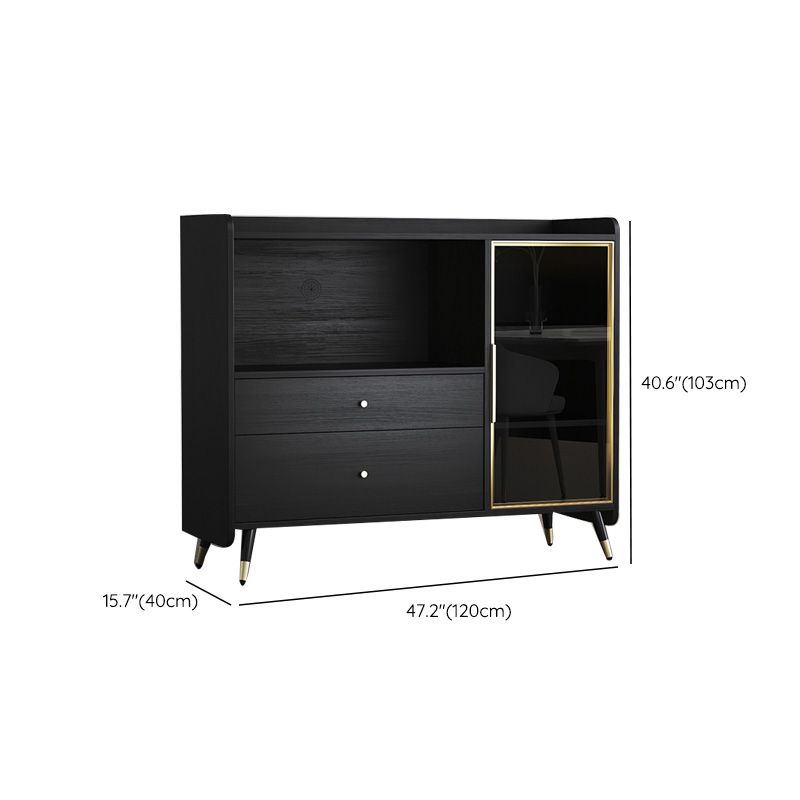 Black Open Storage Server Glam Wood Dining Server with 2-Drawer