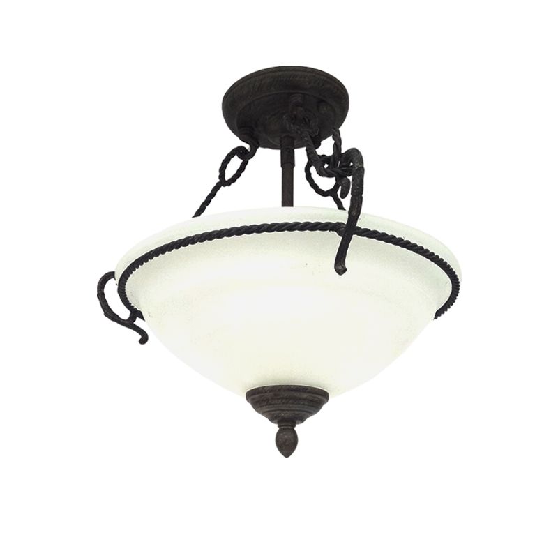 Iluminación de semi-montaje de tazón vintage 3 luces lámpara de araña de vidrio crema de vidrio con detalle de cuerda en negro