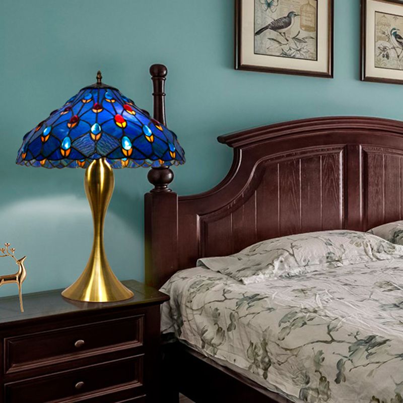 Iluminación de mesas de noche azules Mediterráneo 1 Lámpara de tareas de vidrio cortado a mano con bulbo con joya deco