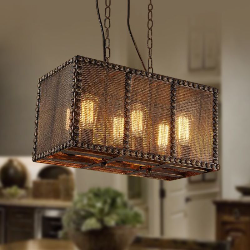 Rectangle Cage Metal Chandelier Lighting with Mesh Screen and Rivets Antique Style 6-Light Indoor Ceiling Light Fixture in Rust