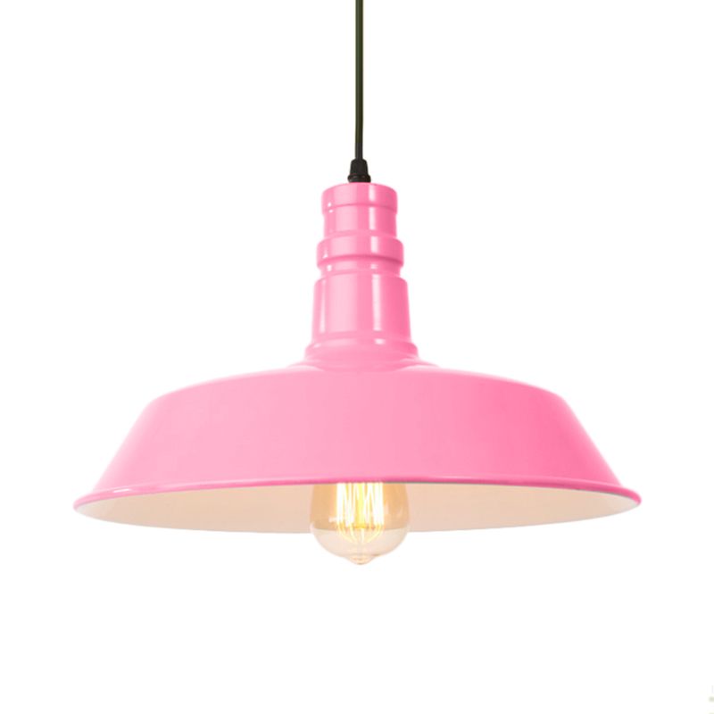 Metal Barn Shade Hanging Lamp Retro Style 1 Bulb Living Room Ceiling Pendant Fixture in Pink/Yellow, 10"/14"/18" Diameter