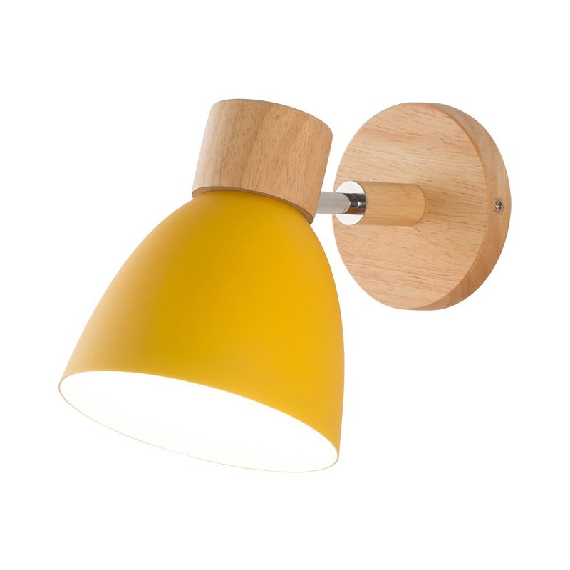 Metal Flare Wall Lighting Modern 1 Head Sconce Light Fixture in Yellow with Circle Wood Backplate
