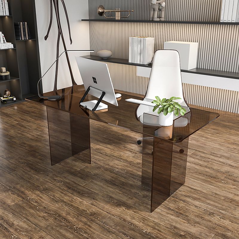 Glass Contemporary Rectangular Dining Table Clear Glass Table with Double Pedestal