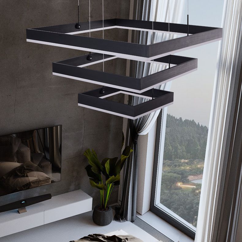 Luce a sospensione nera metallica quadrata al soffitto a led contemporanea per soggiorno