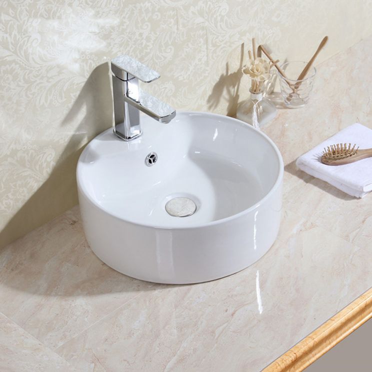 Modern Bathroom Sink Porcelain Round with Overflow and Pop-Up Drain Vessel Lavatory Sink