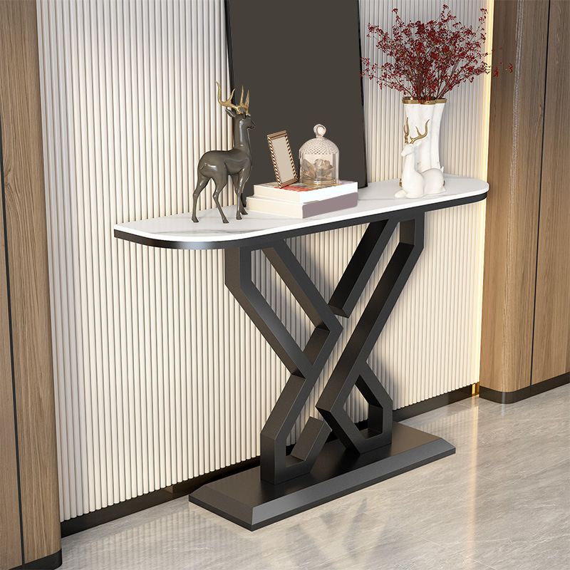 Glam Metal Accent Table Half Moon Stone Sofa Console Table for Hall
