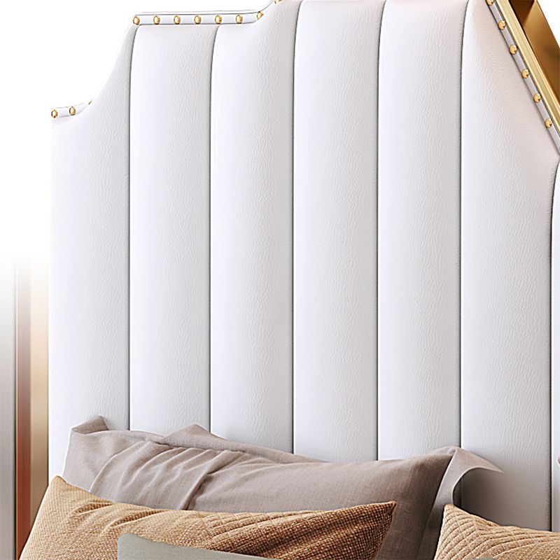 Modern Panel Bed White Faux Leather Standard Bed with Custom Gold Leg