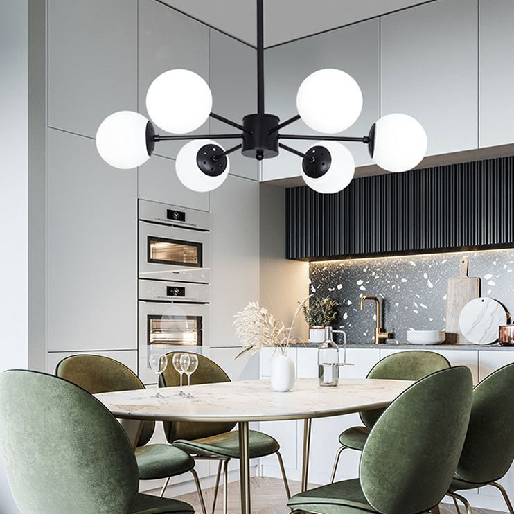 Minimalismo negro Candelera de vidrio Molecular Styling White Globe Shade Lámpara colgante para comedor
