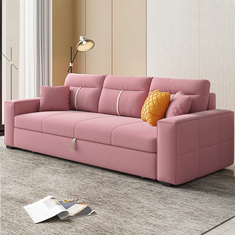 Storage Fabric Sofa Bed in Pink with Pillow Back and Square Arms