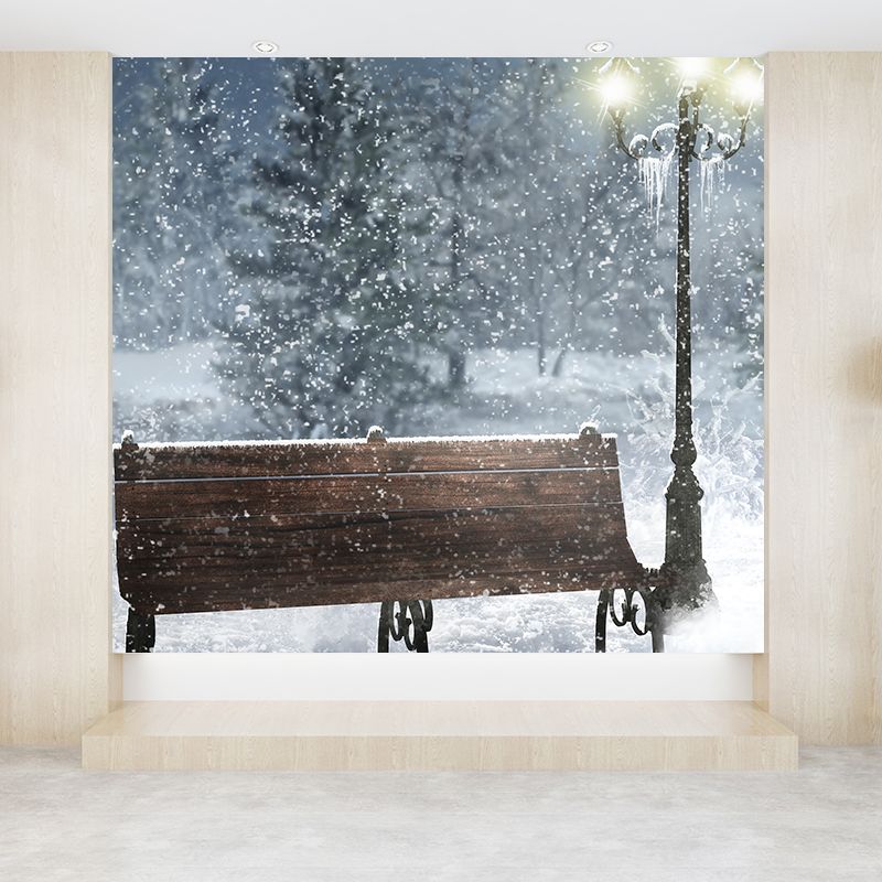 Blue Snowscape and Bench Mural Wallpaper Forest Contemporary Stain proof Wall Art