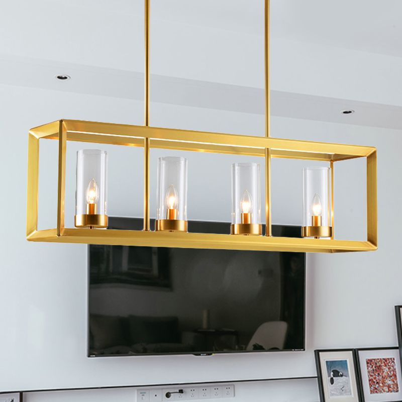 Classic Rectangle Hanging Pendant Light 3/4/5 Lights Clear Glass Island Lighting in Gold for Dining Room