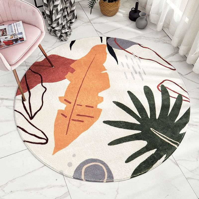 Round Palm Leaves Print Carpet Polyester Modern Indoor Rug Non-Slip Backing Carpet for Living Room