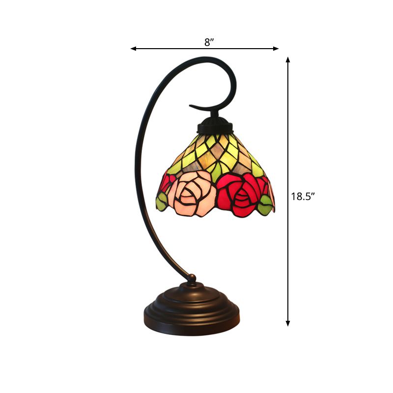 Victorian Bowl Table Lamp 1 Head Stained Art Glass Rose Patterned Desk Lamp in Dark Coffee