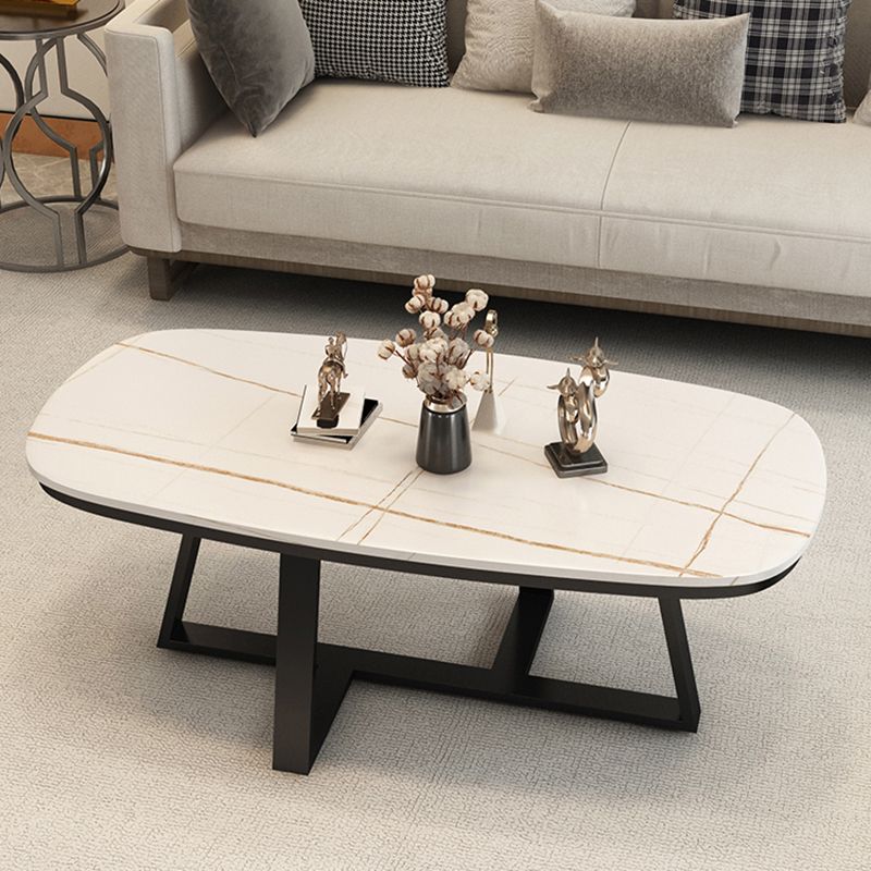 Stone Top Cross Legs Coffee Table 1 Single Oval Cocktail Table