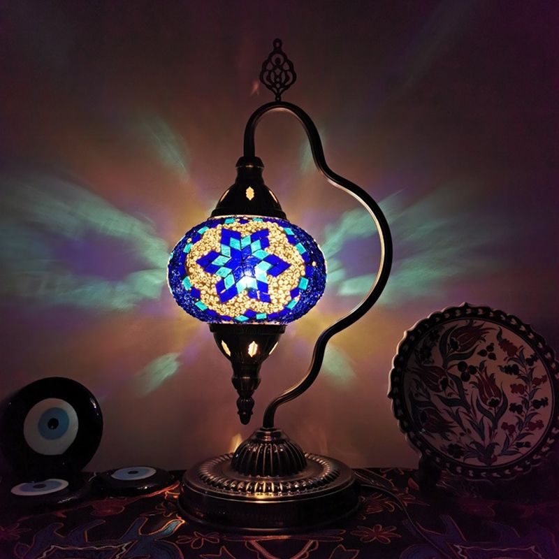 Stained Art Glass Globe Table Lamp Art Deco 1 Head Restaurant Night Light with Curvy Arm in White/Red/Yellow