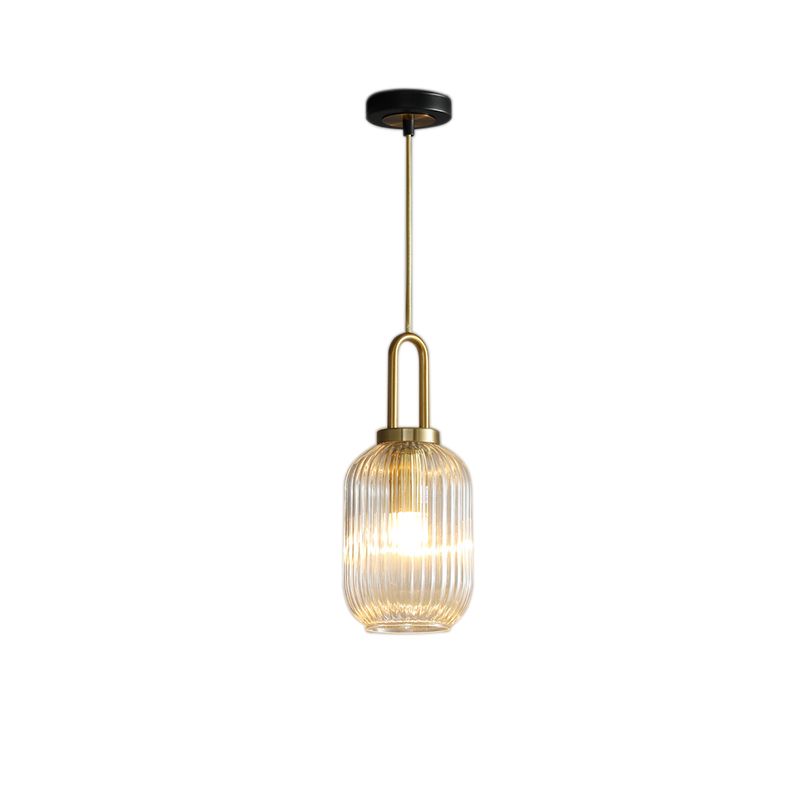 Clear Ribbed Glass Cylindrical/Drum/Globe Pendant Modernist 1 Light 6"/8"/12" Wide Gold Hanging Lamp Fixture for Kitchen